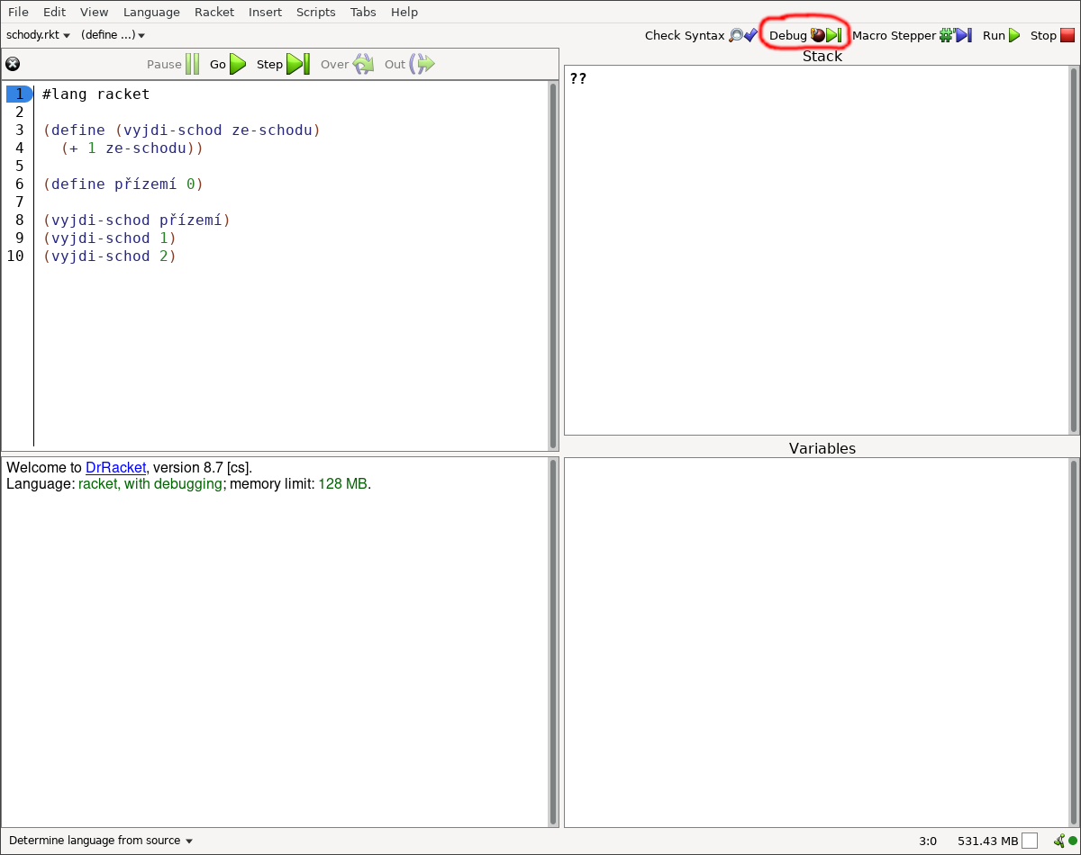 Zapnutí debuggeru ve vývojovém prostředí DrRacket.