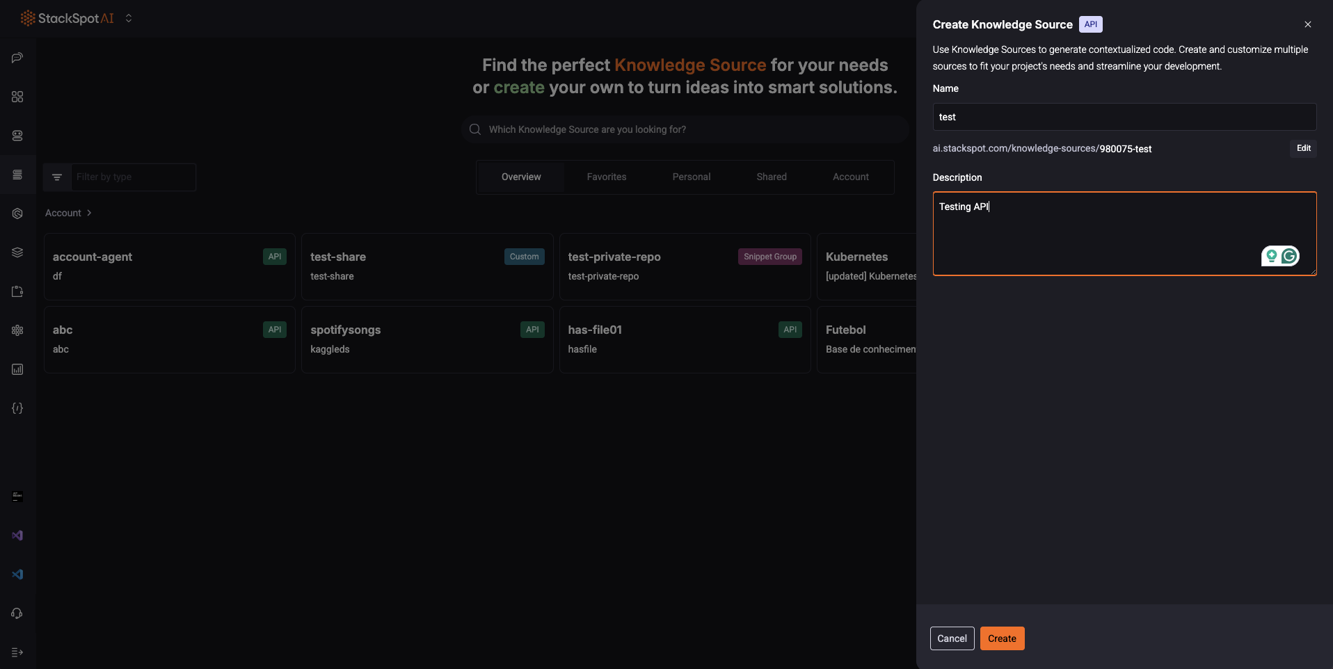 Image of Create Knowledge Source API. The name, slug identification and description fields. Then the create button