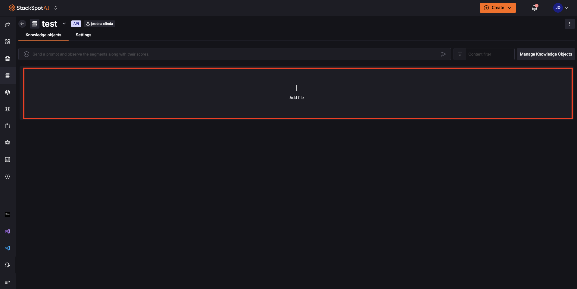Image of Create Knowledge Source API, on the knowledge objects there is a Add file button.