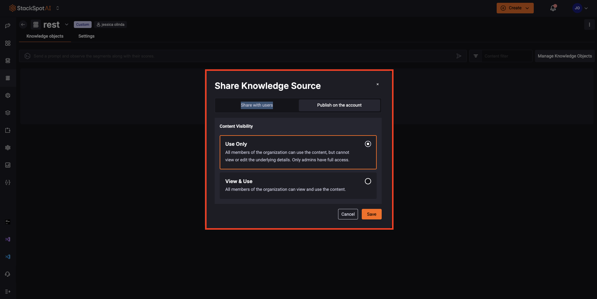 Imagem do Knowledge Source Personalizado, com os campos nome, identificação e descrição