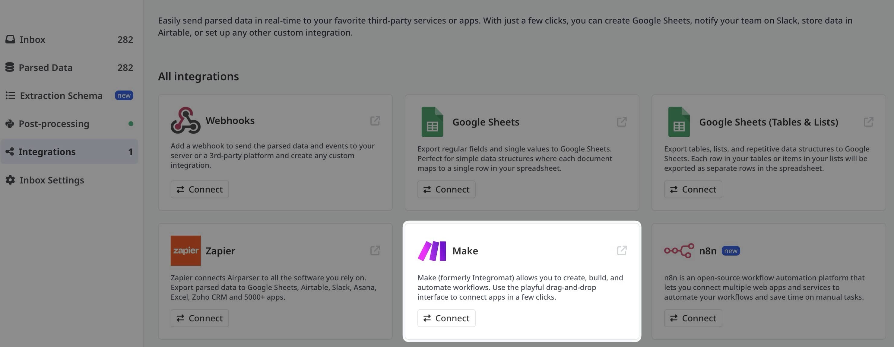 Make integration showing visual workflow builder with Airparser
