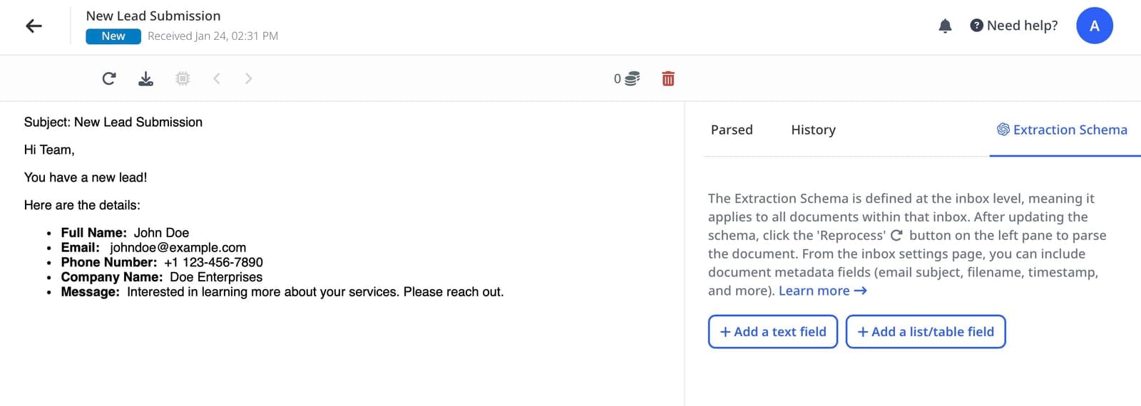 Example email with lead details (forwarded to Airparser)