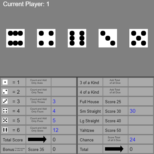 screenshot of yahtzee