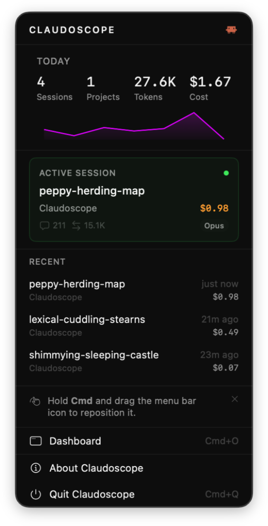 Claudoscope macOS menu bar widget showing live Claude Code session stats