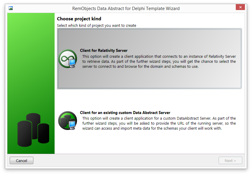 New Project Wizard - Select the type of DA server to connect to.