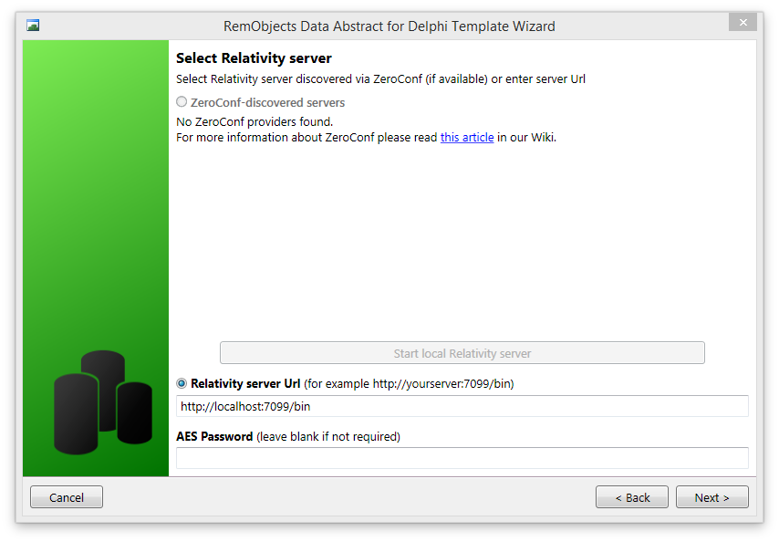 New Project Wizard - Provide connection details for Relativity Server.