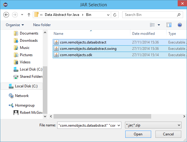 Selecting the Data Abstract jars