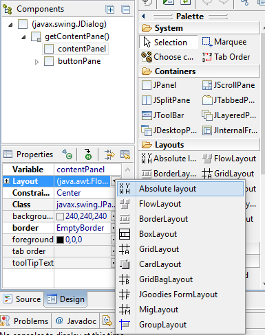 Setting the content pane's layout to Absolute