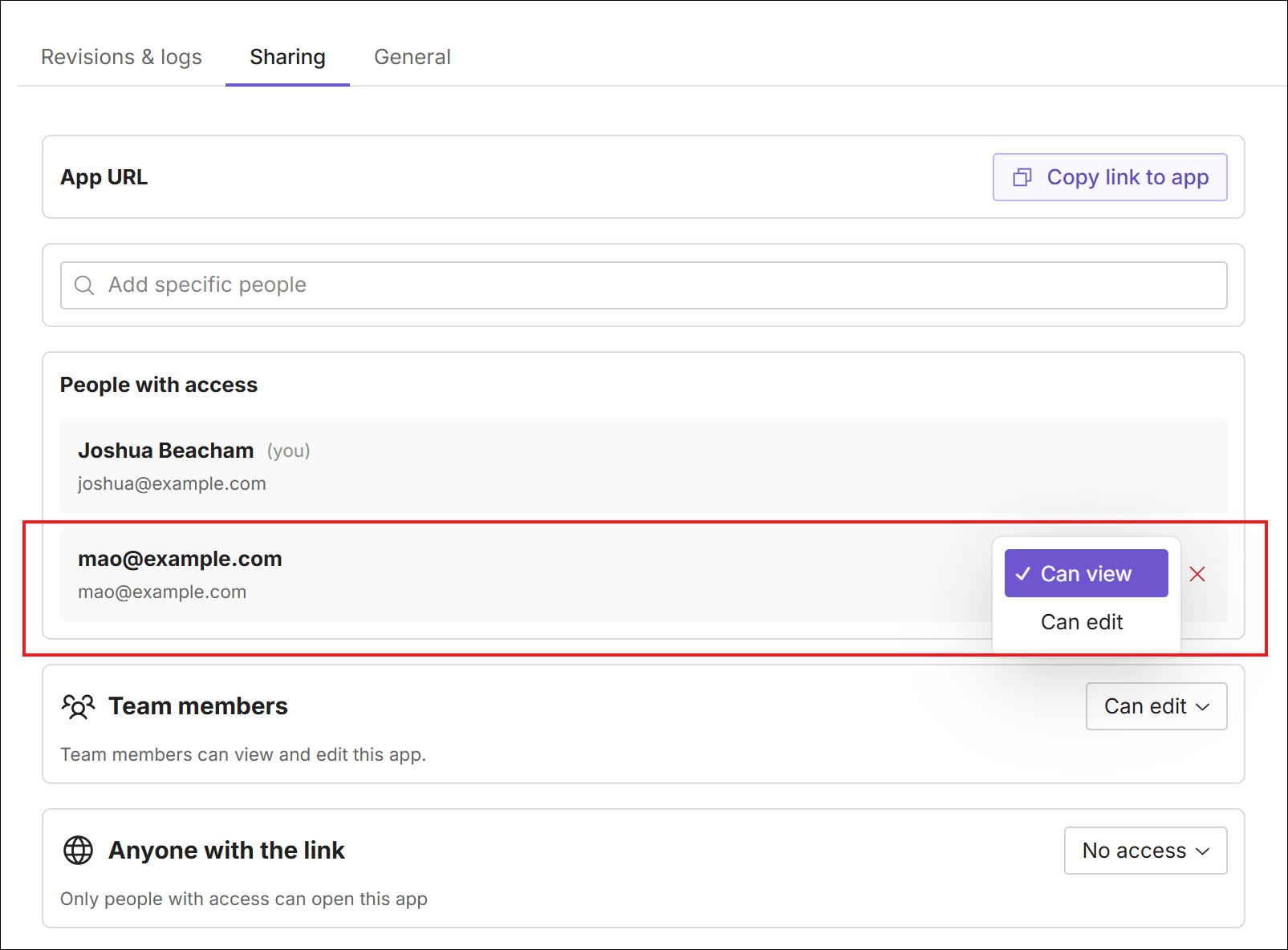 A user can have view or edit permission when they are given individual access to the app
