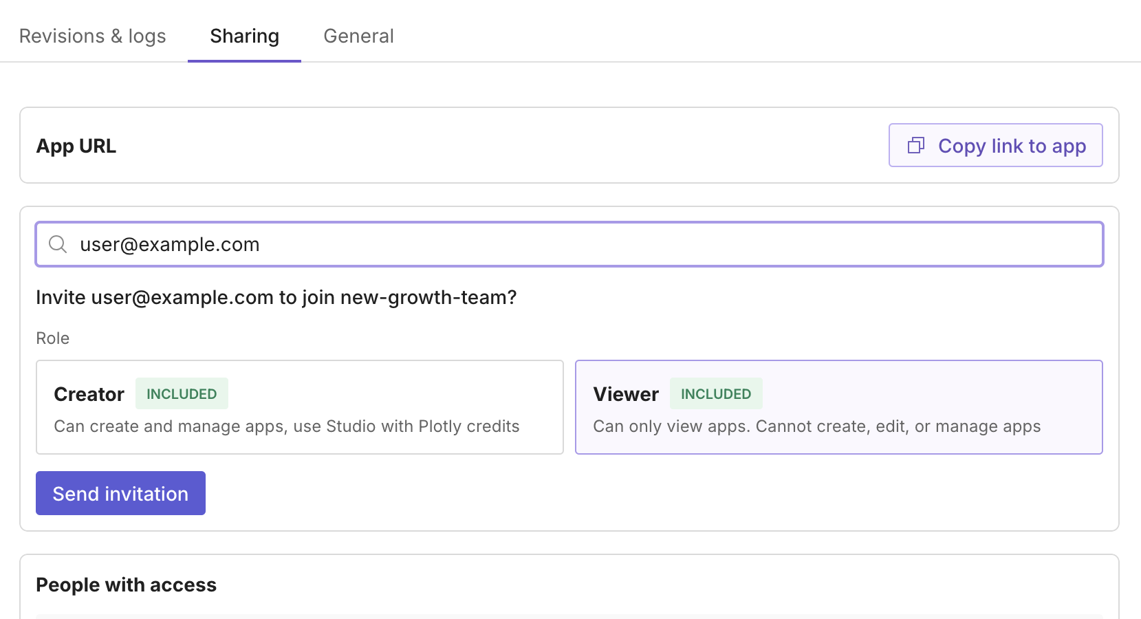 The Send invitation button is displayed when a user not belonging to the team is searched for in the app sharing settings