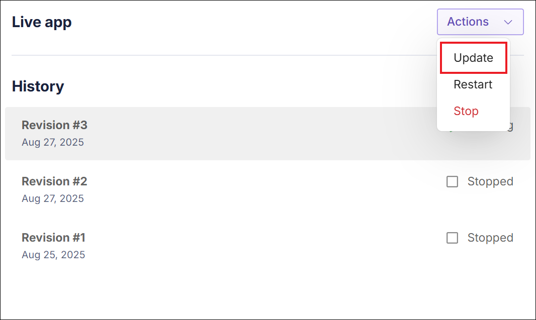 Actions dropdown menu with the Update option highlighted