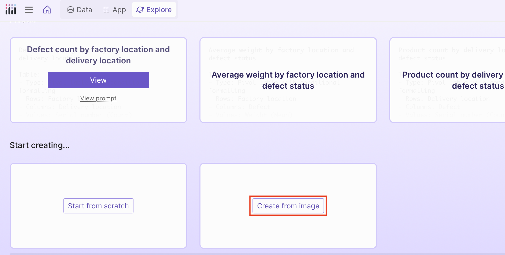 Create from image option in explore