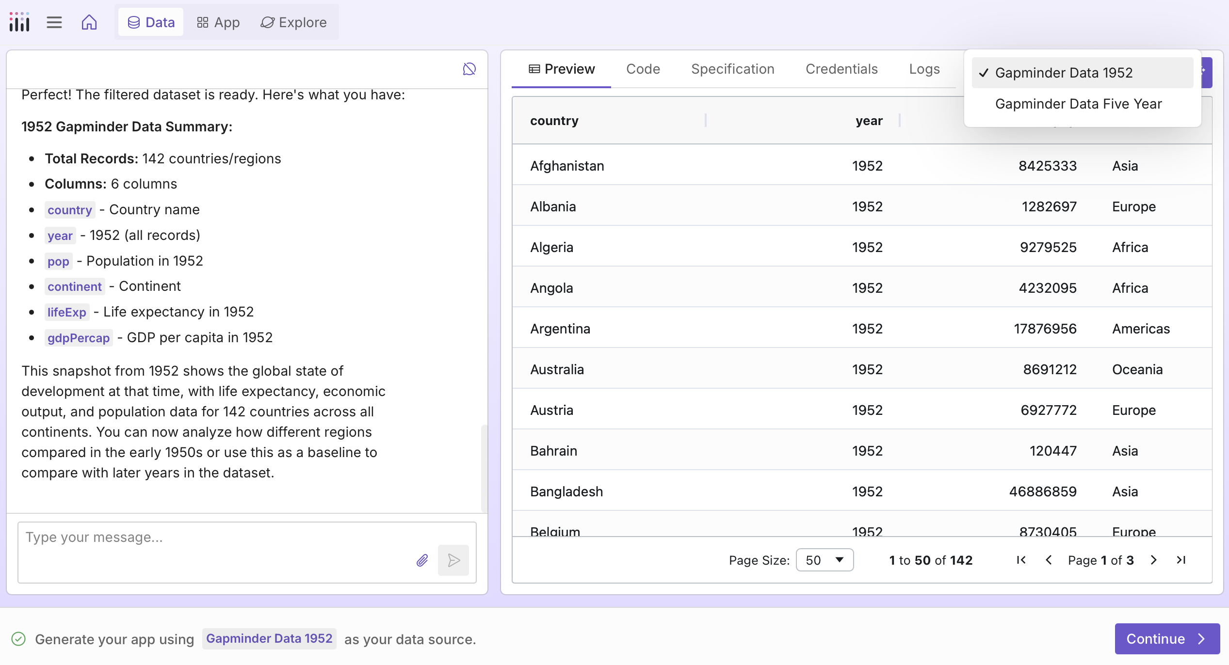 Data source dropdown