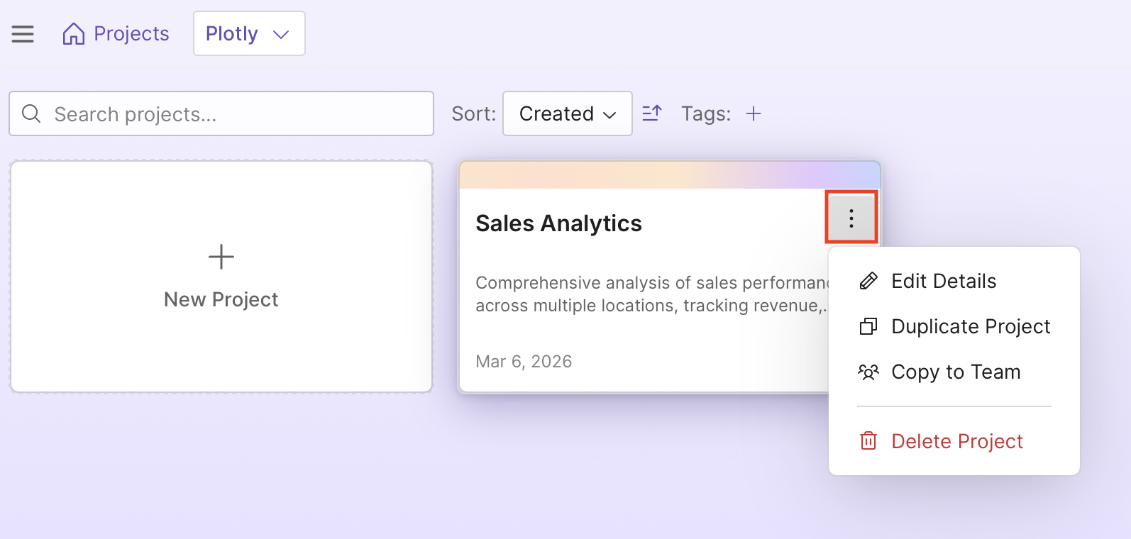 Managing projects menu on a project card