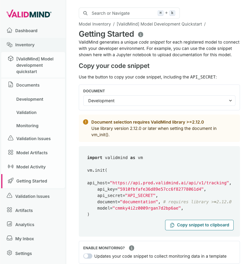 A screenshot showing the Getting Started page with a sample code snippet