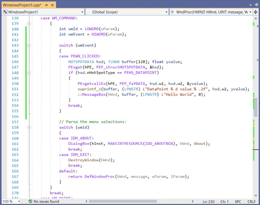 C++ Chart code window for WM_COMMAND VS2019