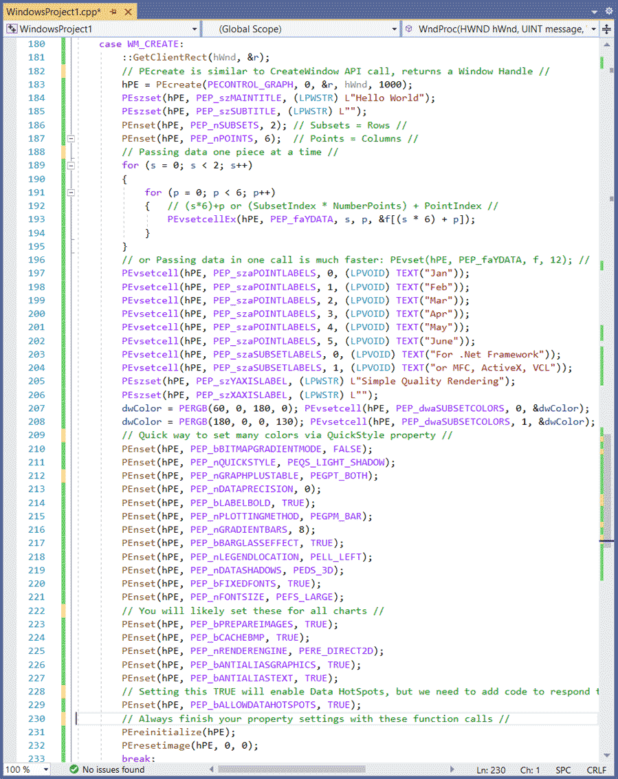 C++ Chart code window for WM_CREATE VS2019