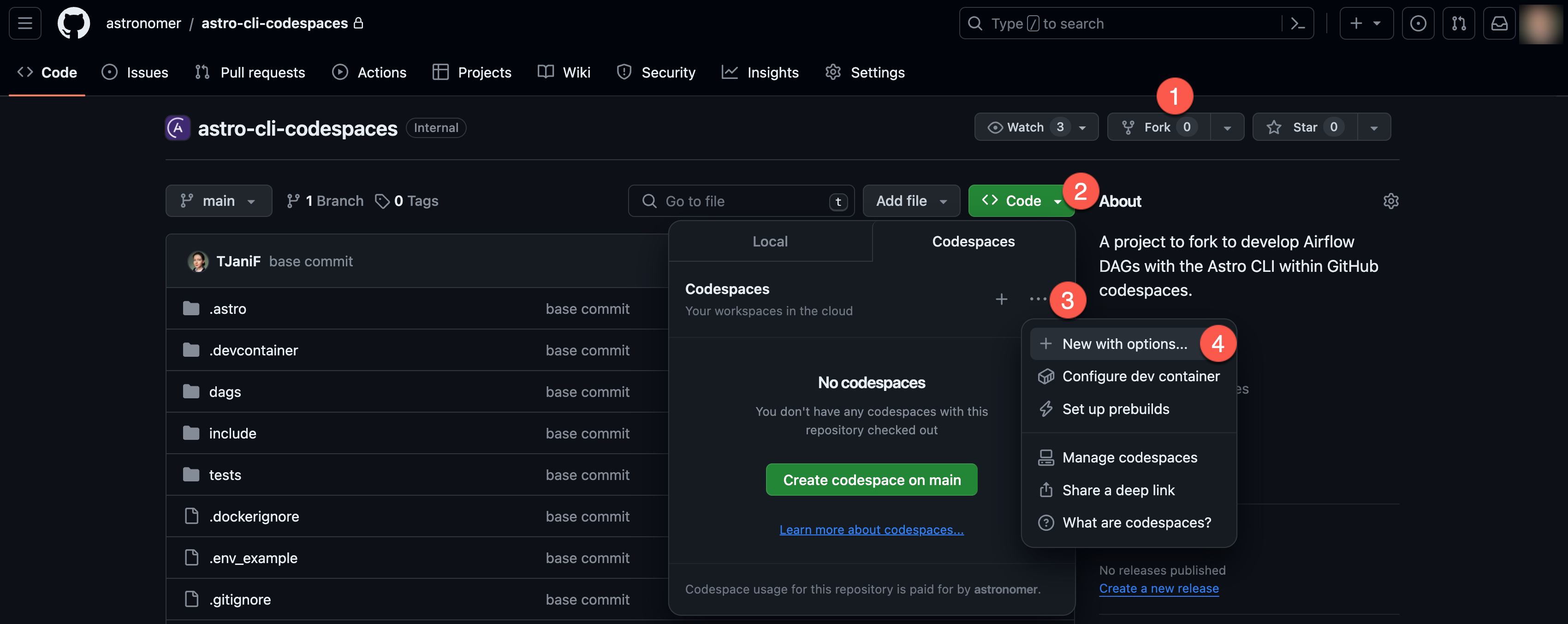 Fork repo and create a codespaces project