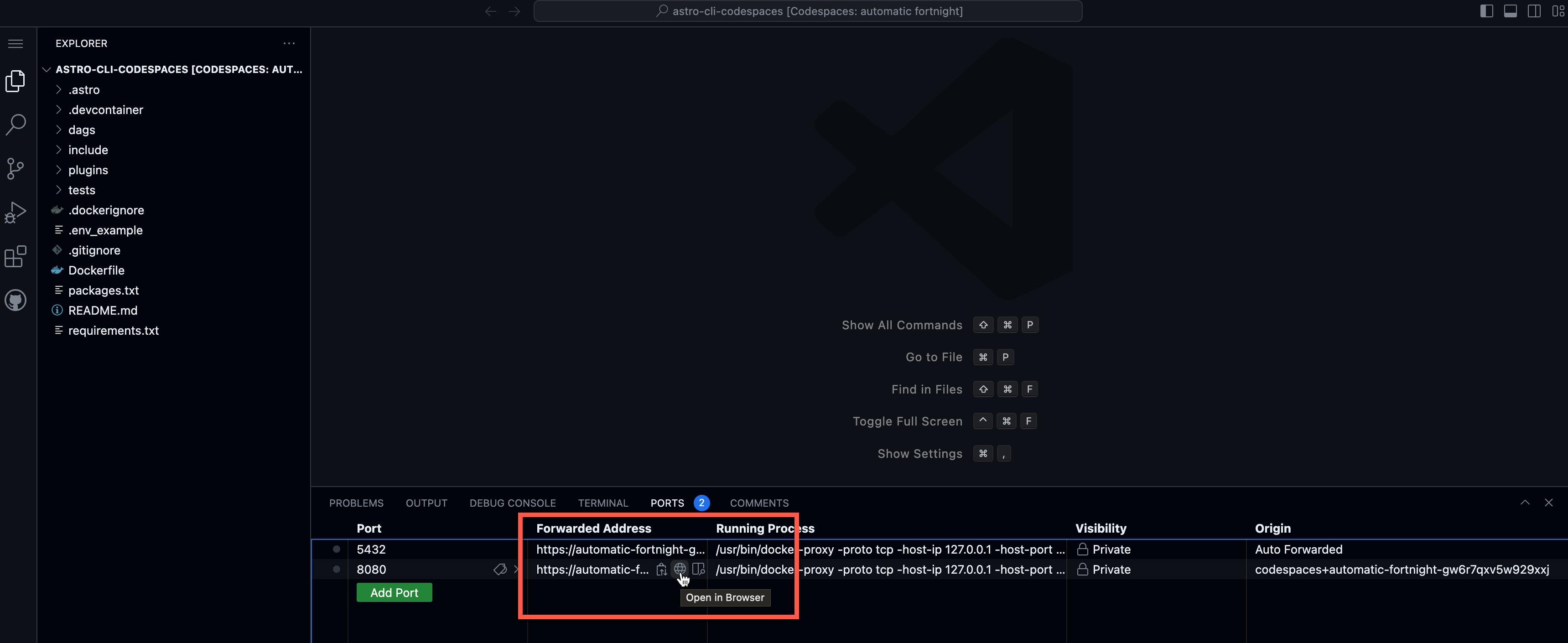 Open Airflow UI URL Codespaces