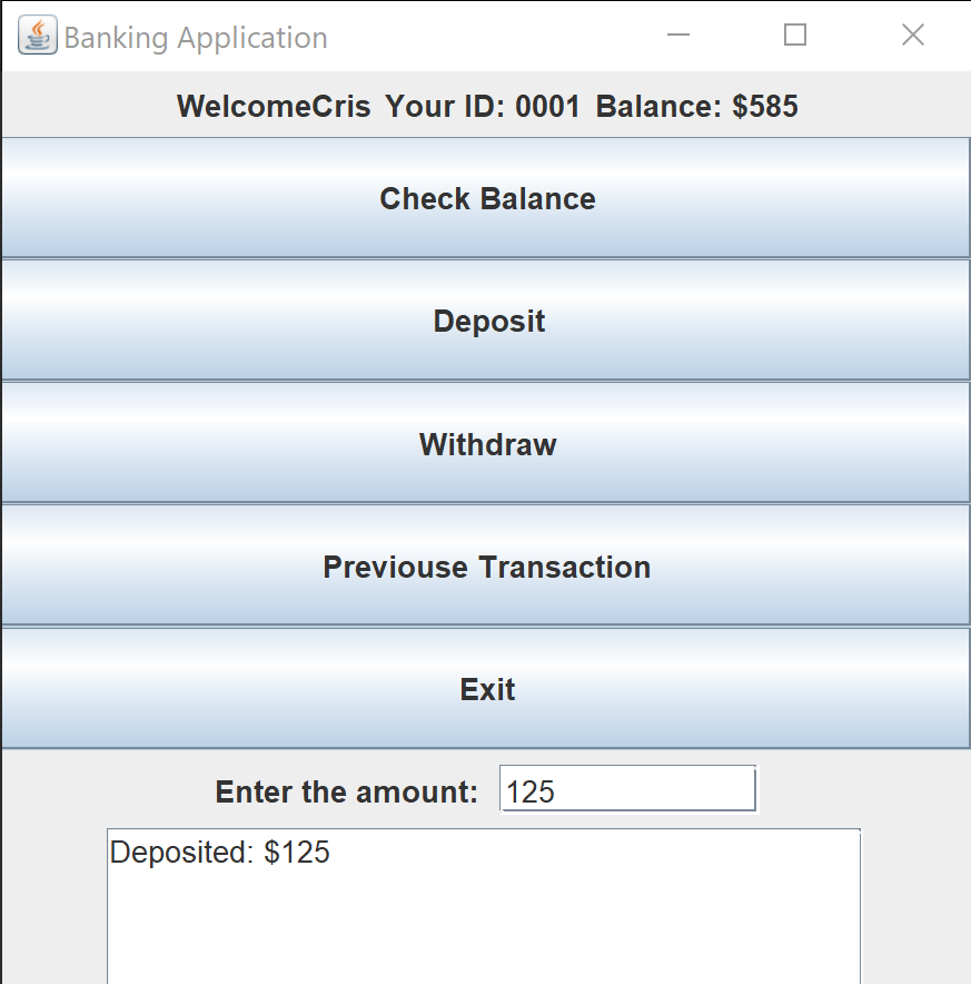 Banking Application GUI Screenshot