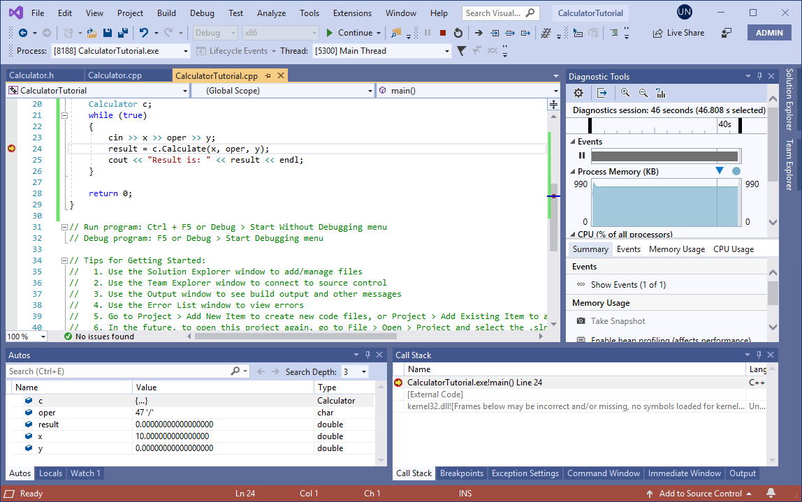 Pause at the conditional breakpoint Screenshot of Visual Studio showing the program paused at the conditional breakpoint.