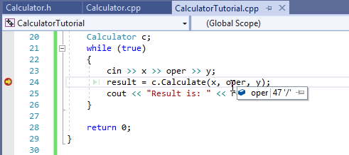 Hover to view current variable values Screenshot of a tooltip displaying the value of the variable oper, which is the character /.