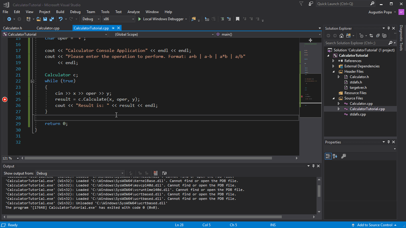 Pause at the conditional breakpoint Short video showing the program paused at the conditional breakpoint.