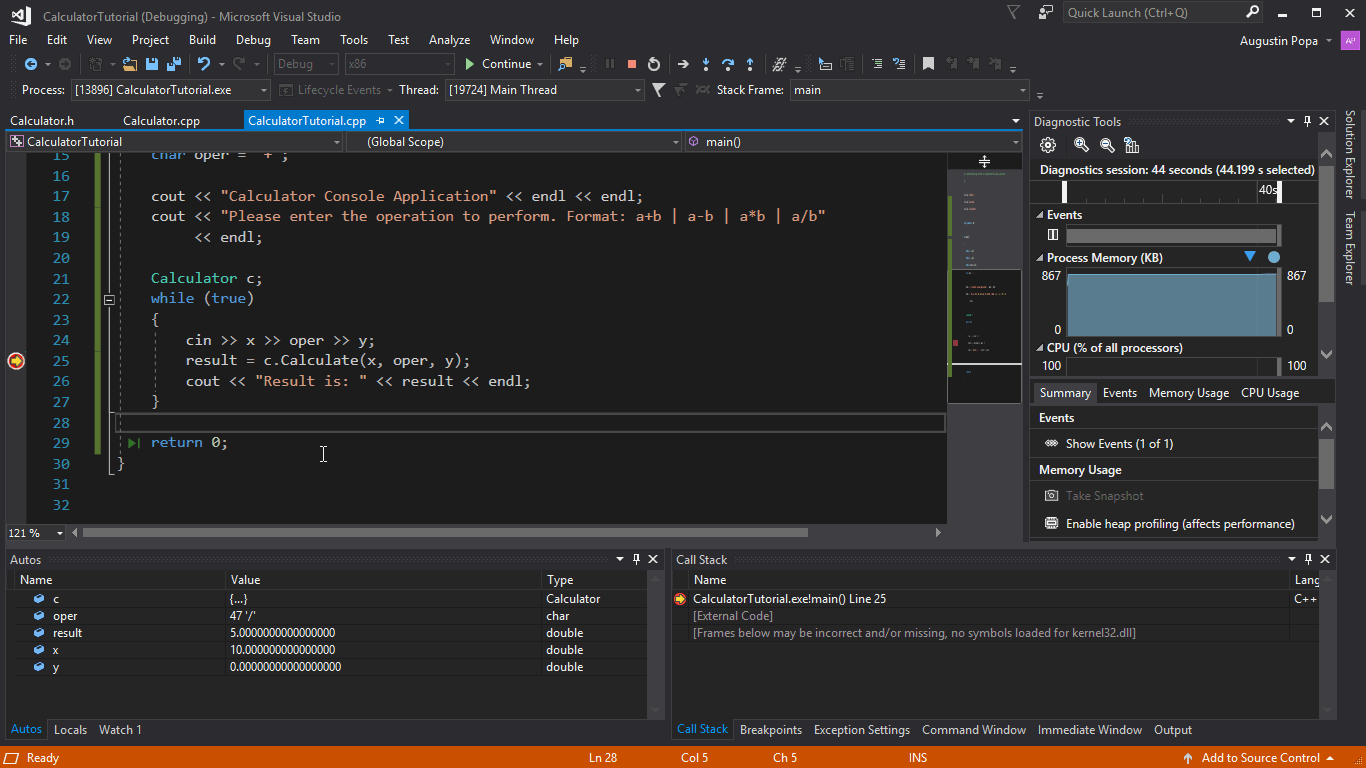 Step out of Calculate and check result Short video of stepping over lines in the Calculate function until back in main(). Then hovering over the result variable and seeing its value: inf.