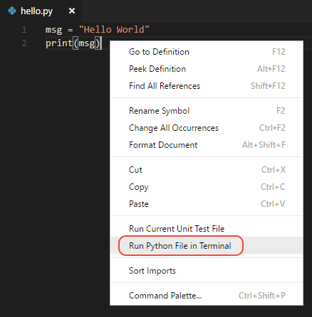 Run Python File in Terminal command in the Python editor