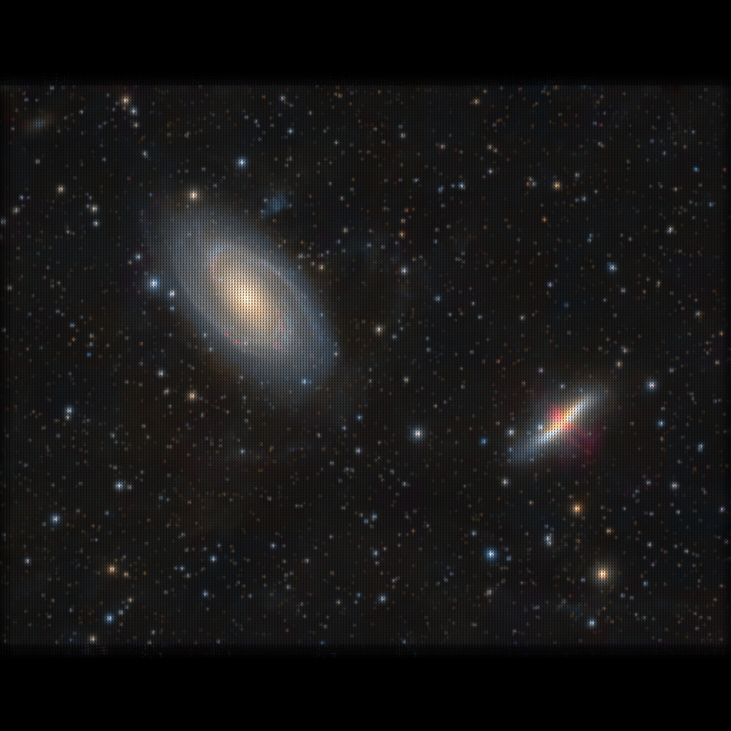 M81-M82 Reconstruction from 32 simulated non-bayered dithered camera images, drizzled with dropshrink .5, Without Subpixel Normalization