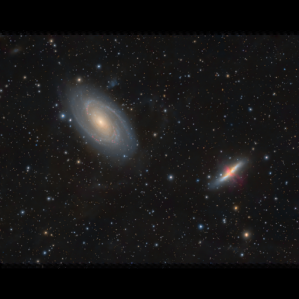 M81-M82 Reconstruction from 32 simulated non-bayered dithered camera images, drizzled with dropshrink .5, With Subpixel Normalization