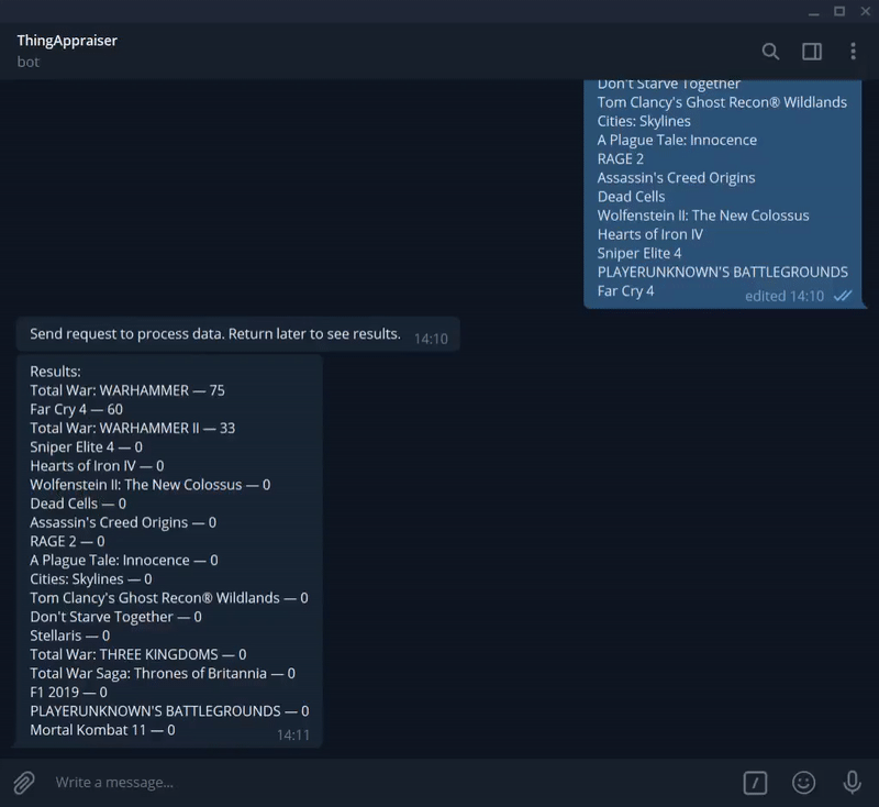 Usage telegram bot service Example of usage telegram bot service