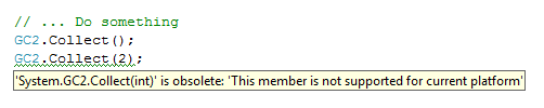 VS showing deprecated message for not supported API