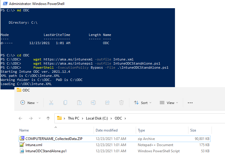 Example PowerShell commands and Explorer window