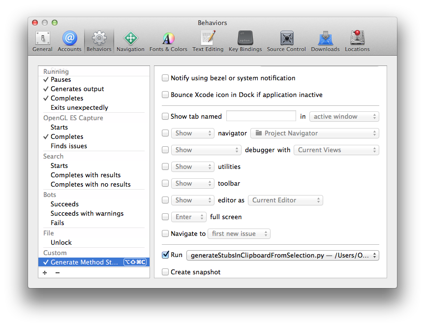 Xcode Behaviors Preferences