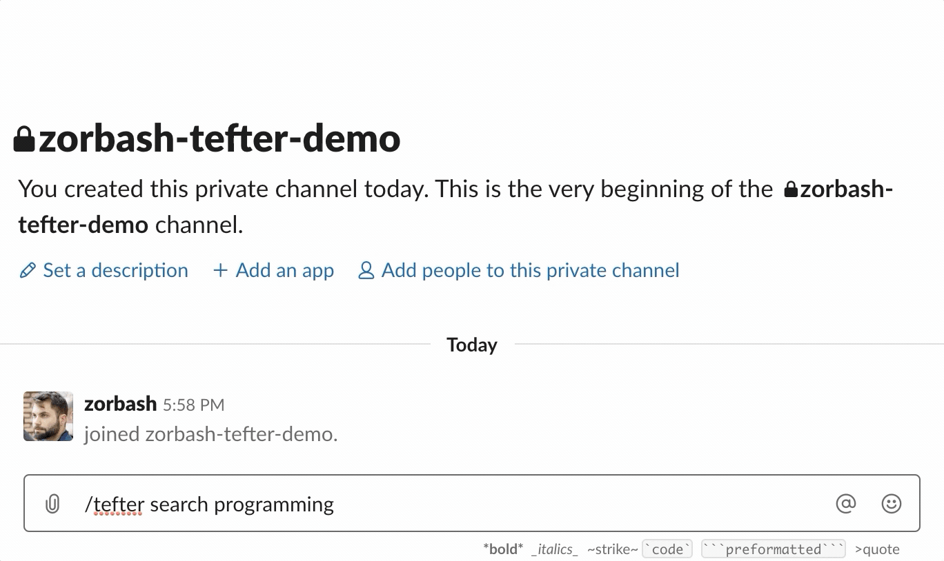 slack integration search command