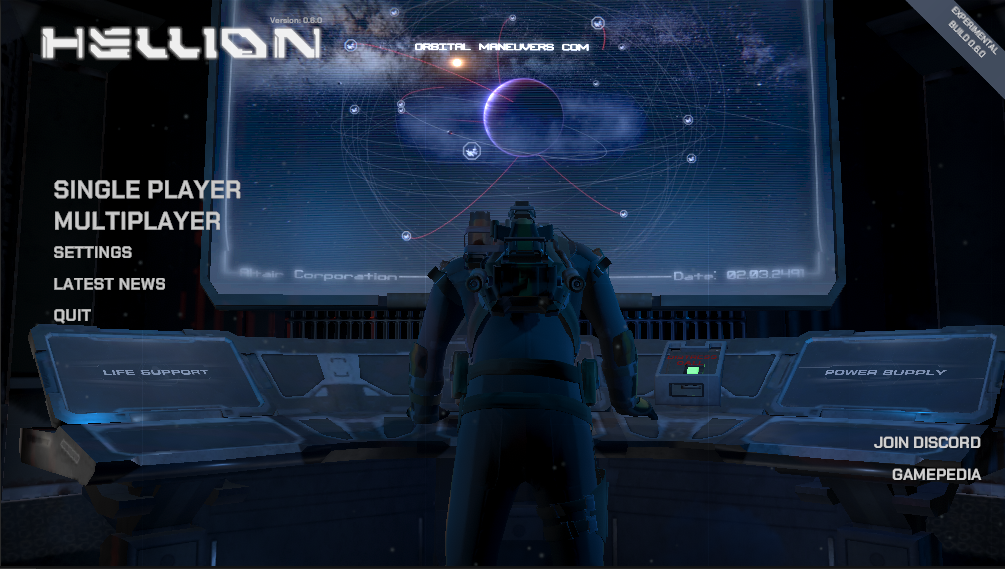 A photo showing the main menu of the Hellion game. There are buttons on the left: Single Player, Multiplayer, Settings, Latest News, Quit.  In the bottom left corner there are two buttons: Join Discord, Gamepedia. In the top left there is a large logo with the text: HELLION.