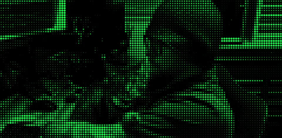 Green dot matrix graphic of a creative workspace