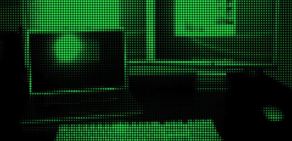 Green dot matrix graphic of a dual monitor workstation