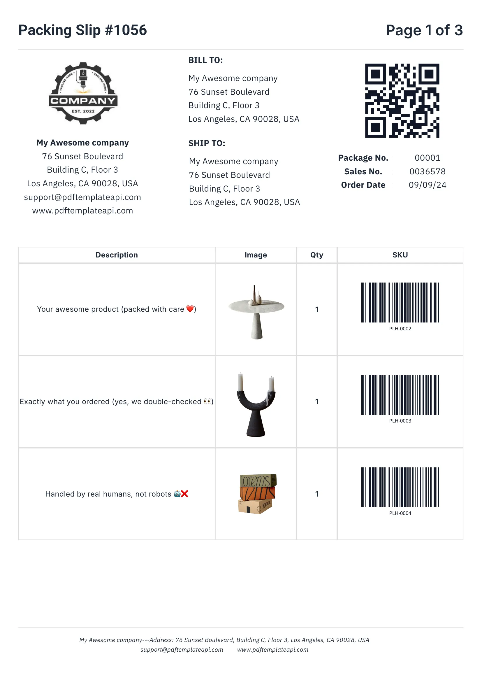 Packing slip PDF template