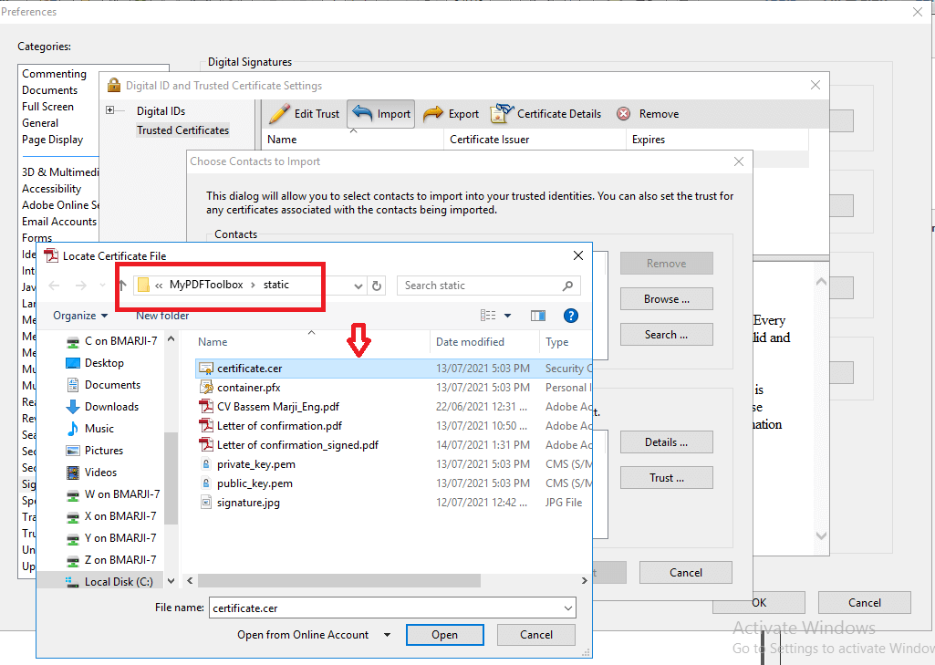 Importing the certificate