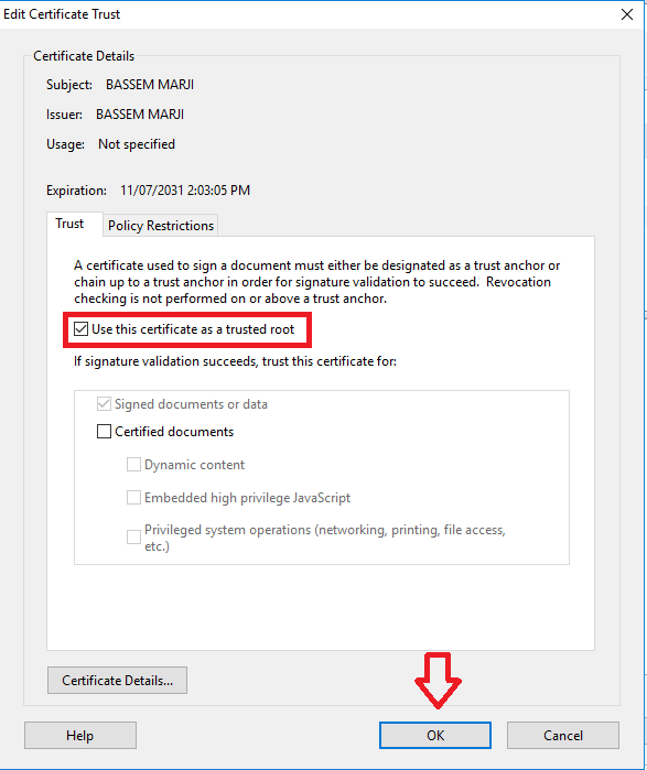 Using the certificate as a trusted root