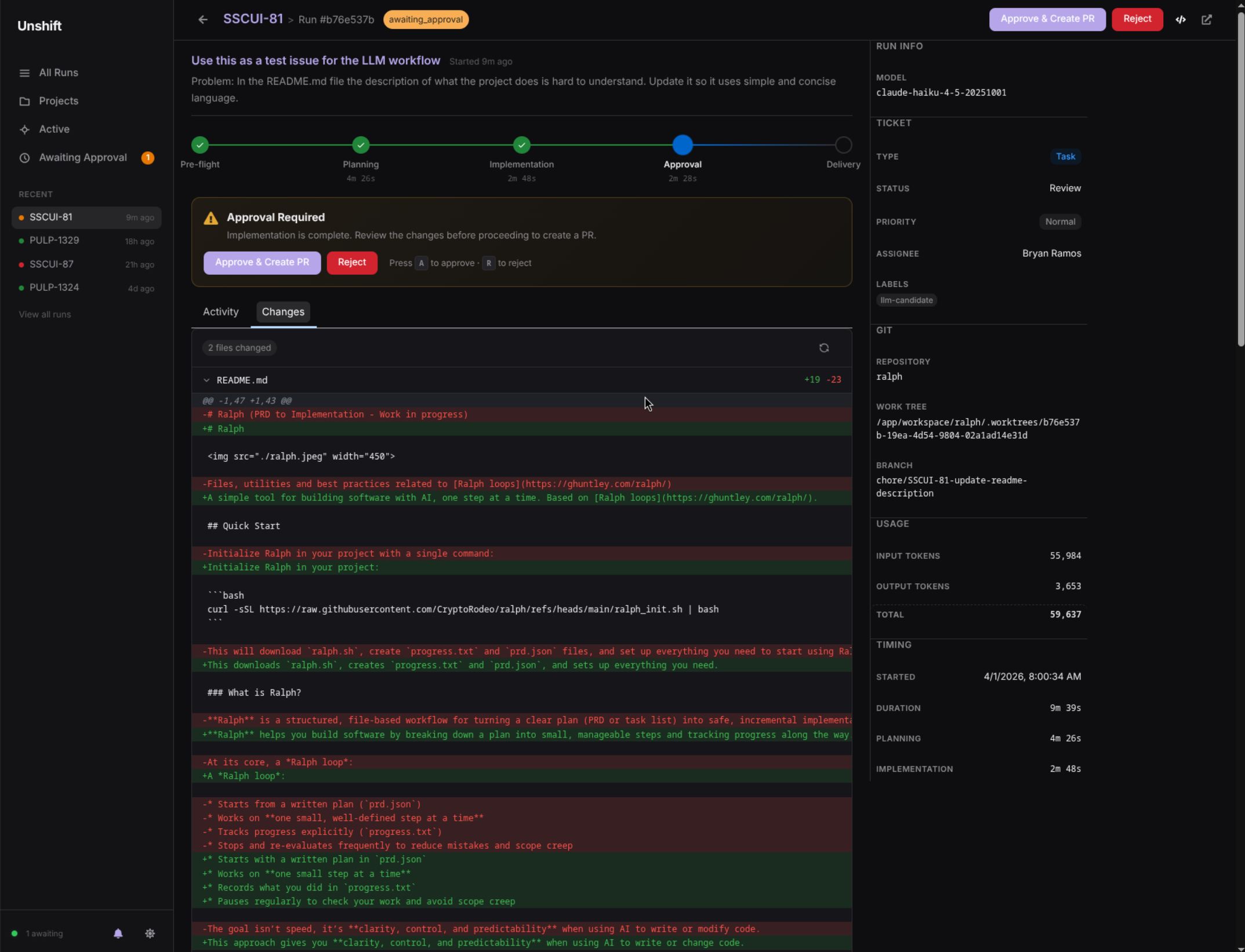 Unshift dashboard — diff viewer