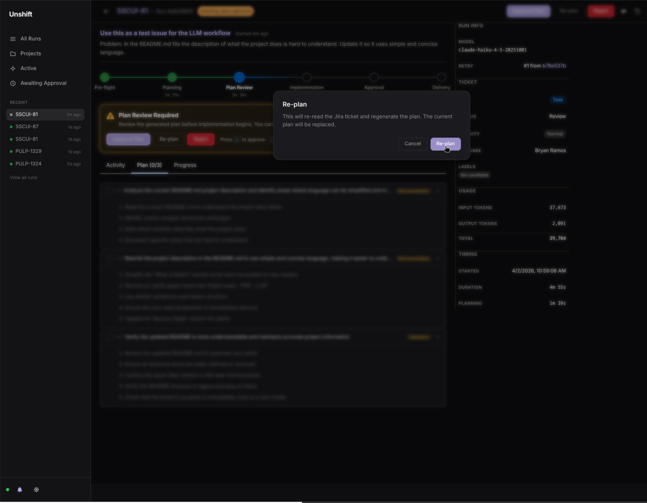 Unshift dashboard — Recreate plan