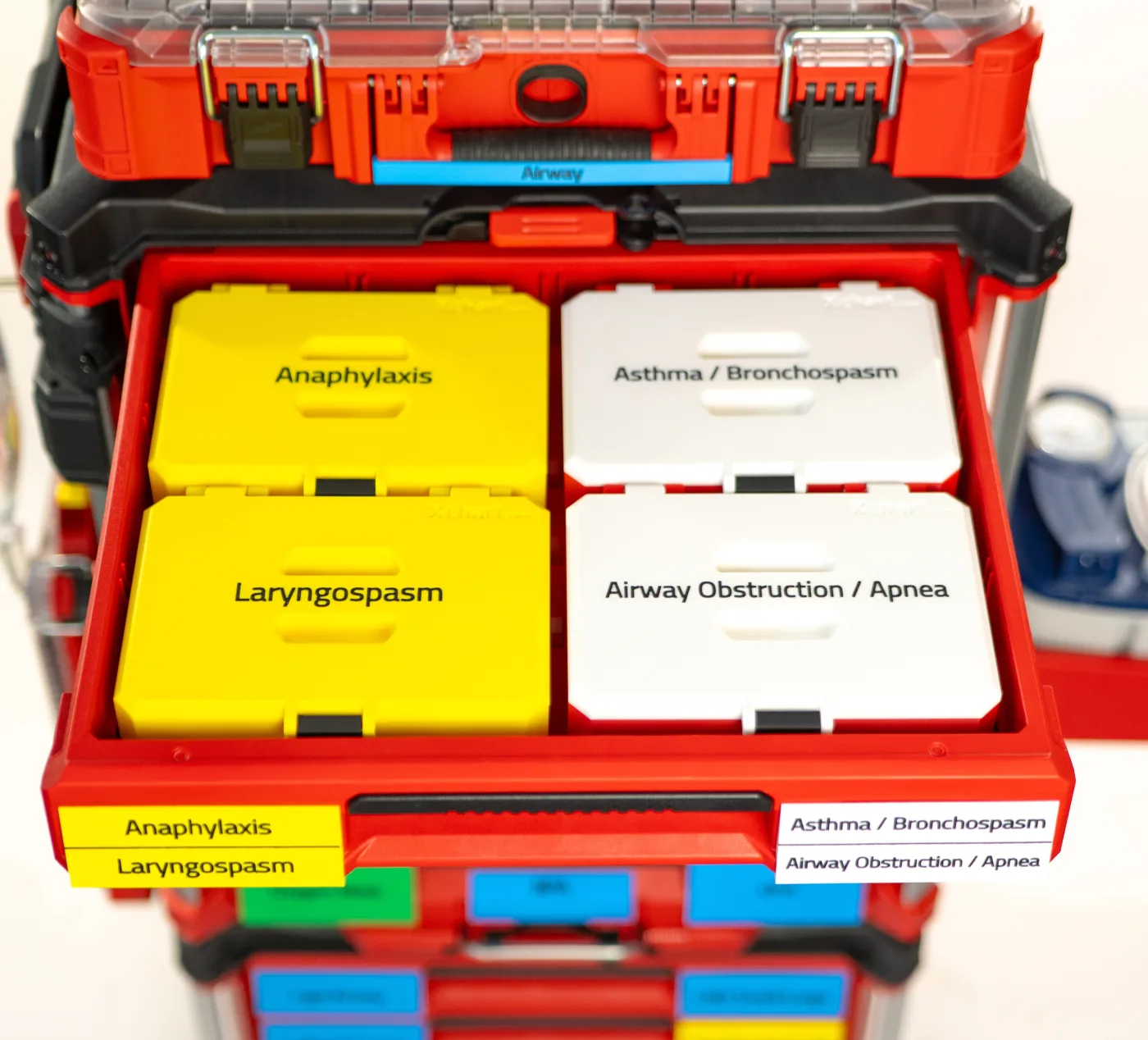 Close-up of the lower CodeKit™ drawers with color-coded airway and equipment labels.