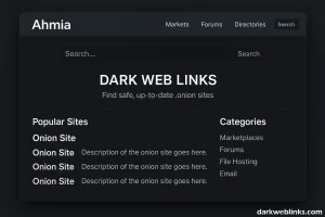 User interface mockup of a dark web directory listing verified onion sites and categories