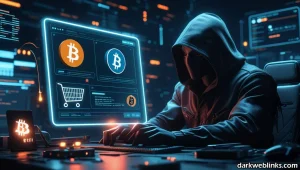 Concept art of anonymous darknet marketplace using cryptocurrency and encrypted browsing