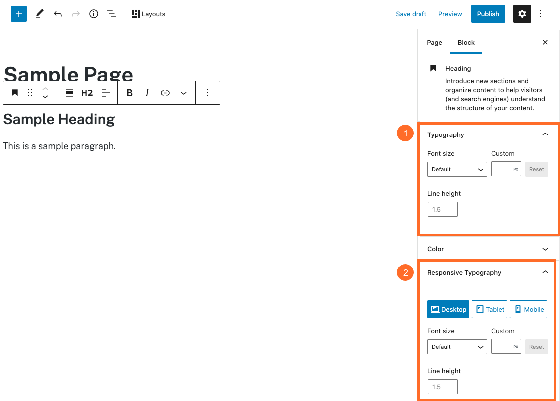 Genesis Blocks Responsive Typography option