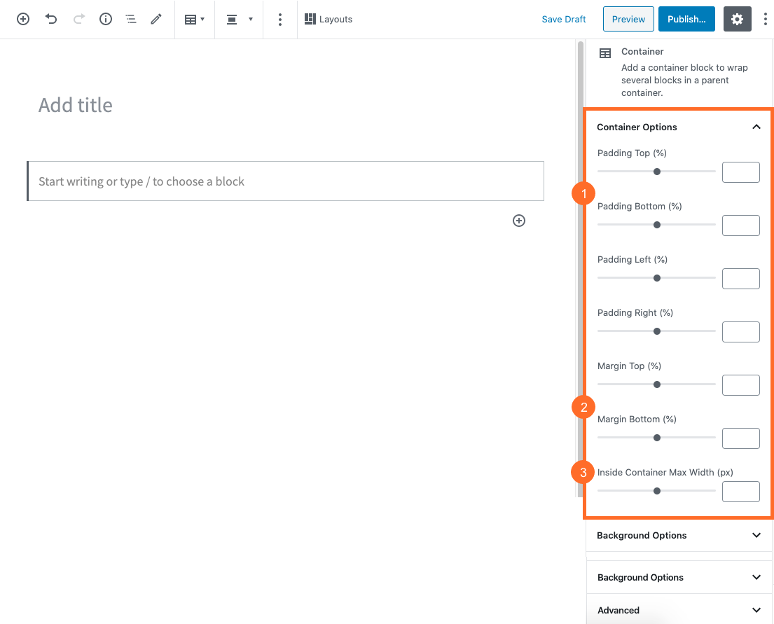 Container options in the Container block