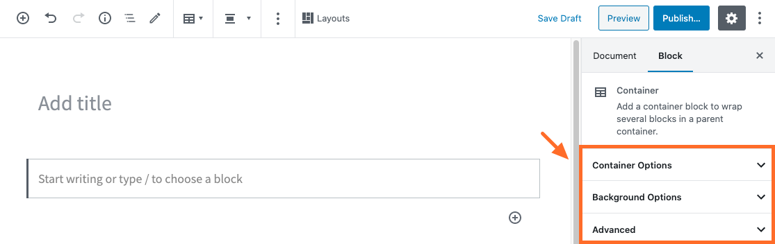 Settings in the Container block